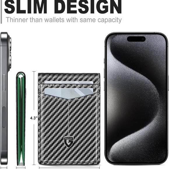 Leather Carbon Fiber RFID Blocking Minimalist Front Pocket Bifold with ID Window - Picture 5 of 6